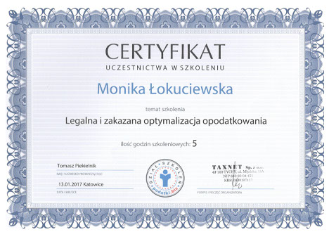 certyfikat Monika Łokuciewska